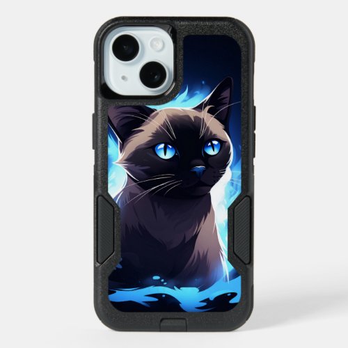 Grey and Black Siamese Cat on Electric Blue  iPhone 15 Case