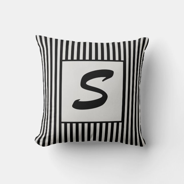 Grey and Black Stripes Modern Monogram Throw Pillow (Front)