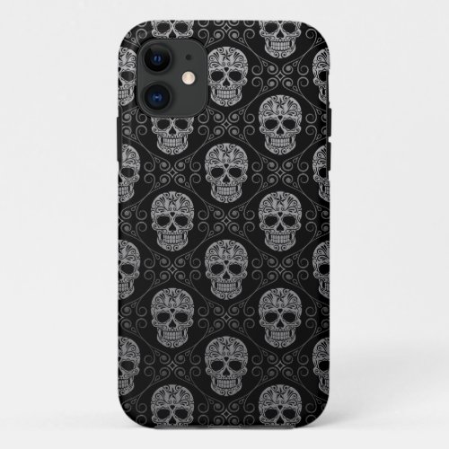 Grey and Black Sugar Skull Pattern iPhone 11 Case