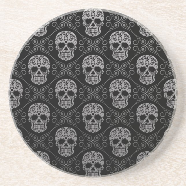 Grey and Black Sugar Skull Pattern Drink Coaster (Front)