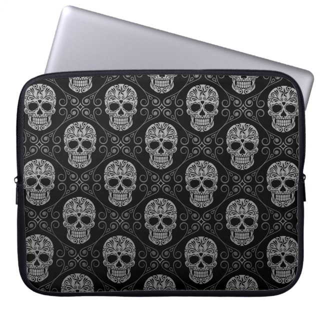Grey and Black Sugar Skull Pattern Laptop Sleeve (Front)