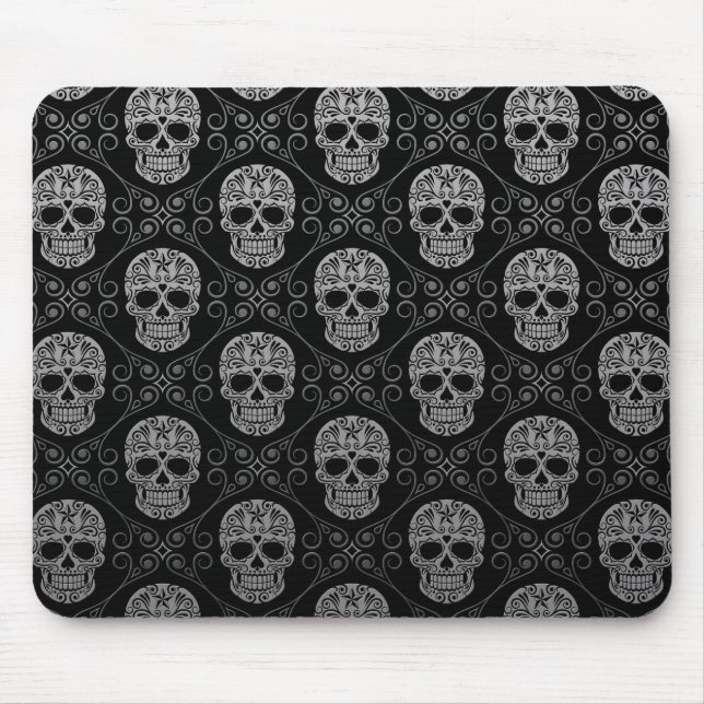 Grey and Black Sugar Skull Pattern Mouse Pad (Front)