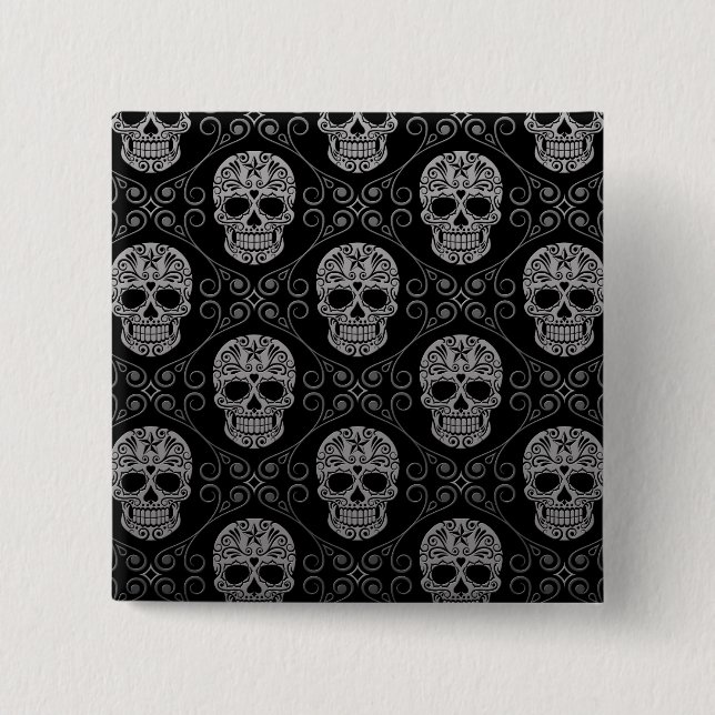 Grey and Black Sugar Skull Pattern Pinback Button (Front)