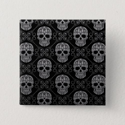 Grey and Black Sugar Skull Pattern Pinback Button