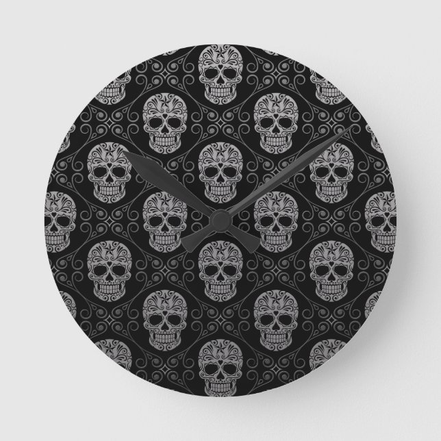Grey and Black Sugar Skull Pattern Round Clock (Front)
