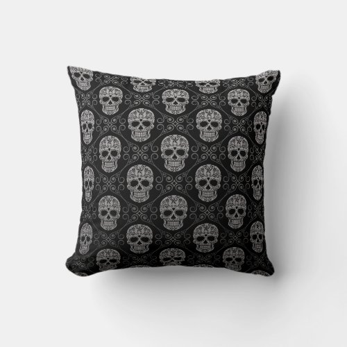 Grey and Black Sugar Skull Pattern Throw Pillow