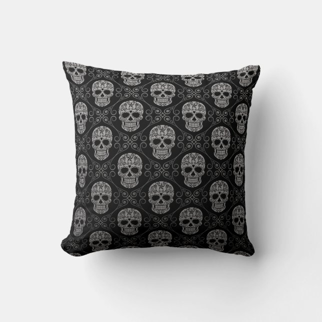 Grey and Black Sugar Skull Pattern Throw Pillow (Front)
