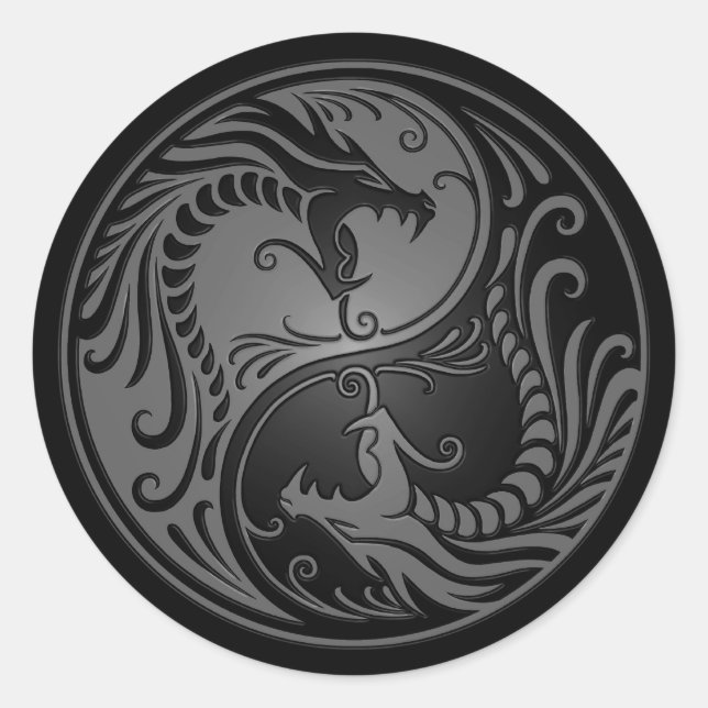 Grey and Black Yin Yang Dragons Classic Round Sticker (Front)