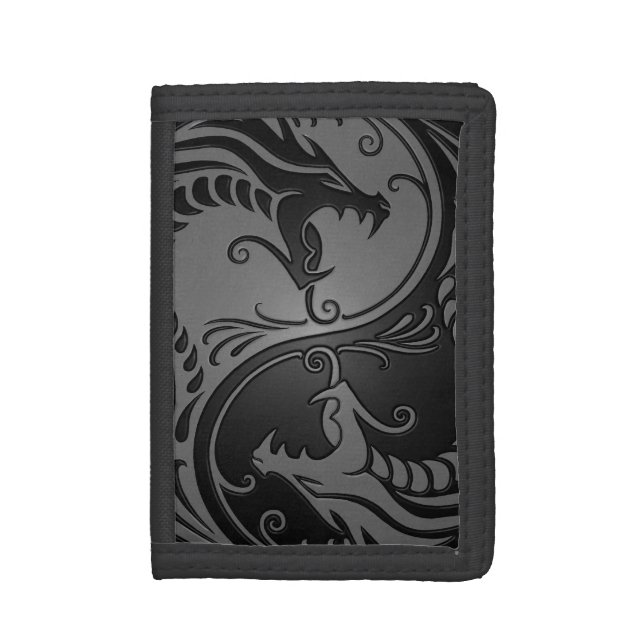 Grey and Black Yin Yang Dragons Tri-fold Wallet (Front Vertical)