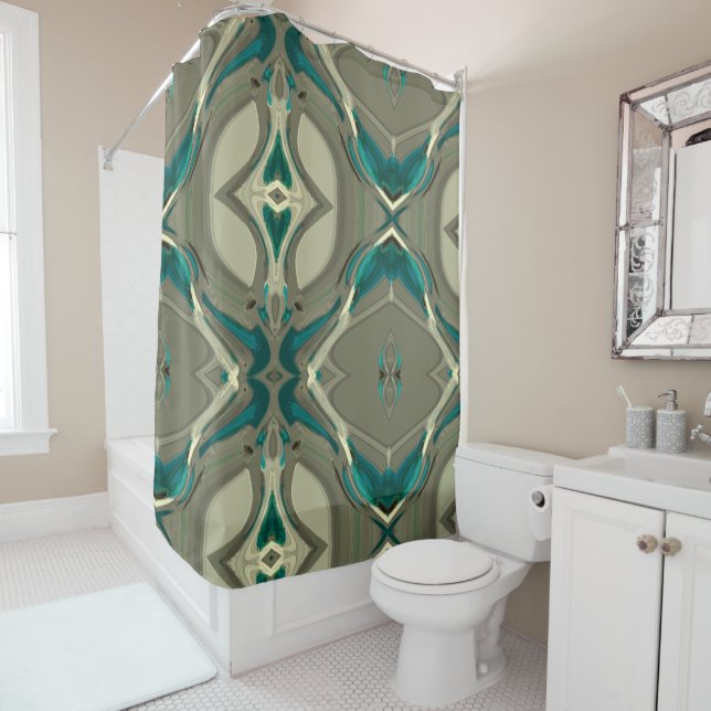 Grey and Blue Abstract Art Shower Curtain (In Situ)