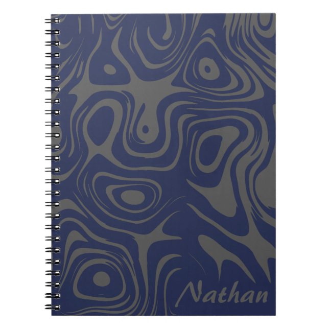 Grey and Blue Abstract Swirly Pattern Personalised Notebook (Front)