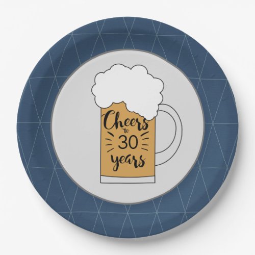 Grey and Blue Beer Mug Cheers to 30th Birthday Paper Plates