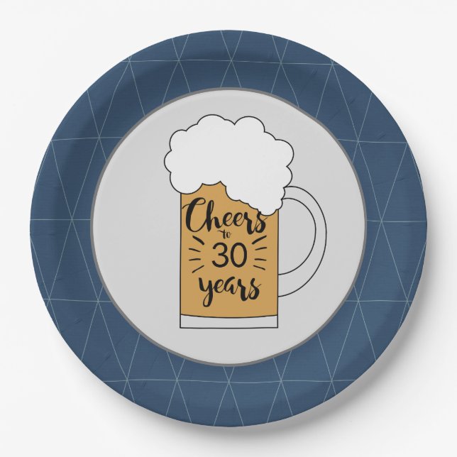 Grey and Blue Beer Mug Cheers to 30th Birthday Paper Plates (Front)