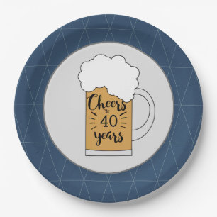 Grey and Blue Beer Mug Cheers to 40 Years Paper Plates