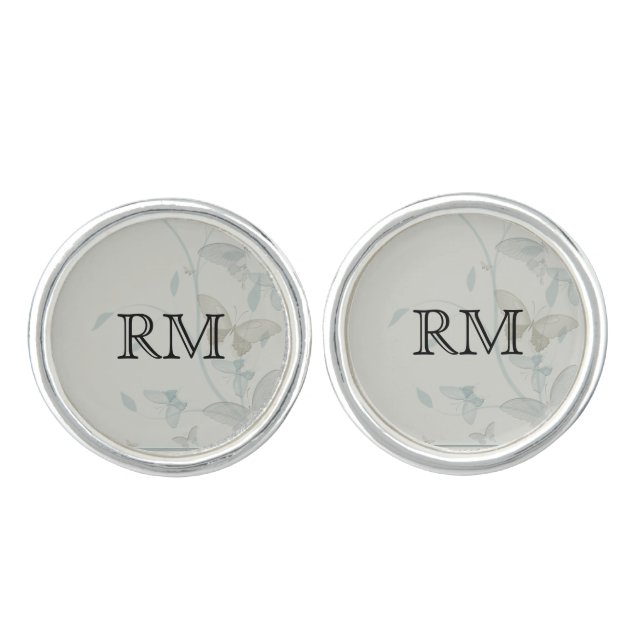 Grey and Blue Butterfly Meadow Wedding Cuff Links (Front)