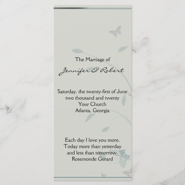 Grey and Blue Butterfly Meadow Wedding Program (Front)