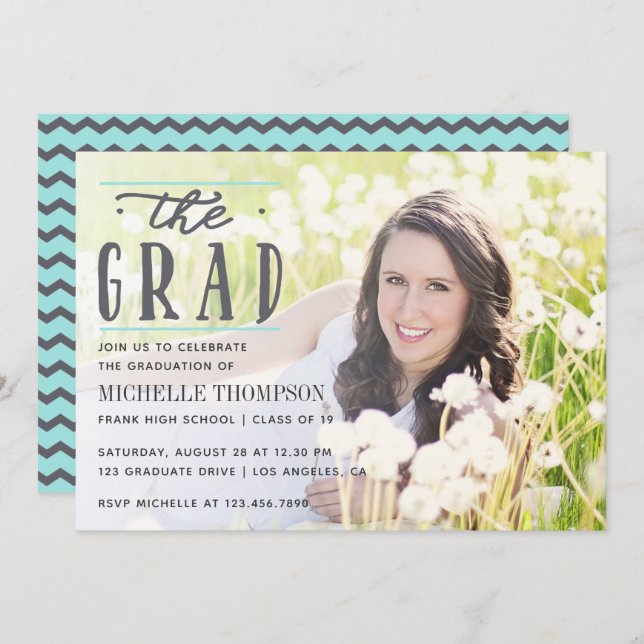 Grey and Blue Chevron Graduate Party photo Invitation (Front/Back)