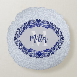 Grey and Blue Damask Monogram Decorative Name Round Pillow