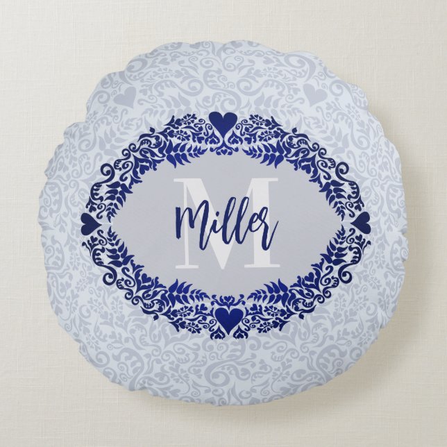 Grey and Blue Damask Monogram Decorative Name Round Pillow (Front)