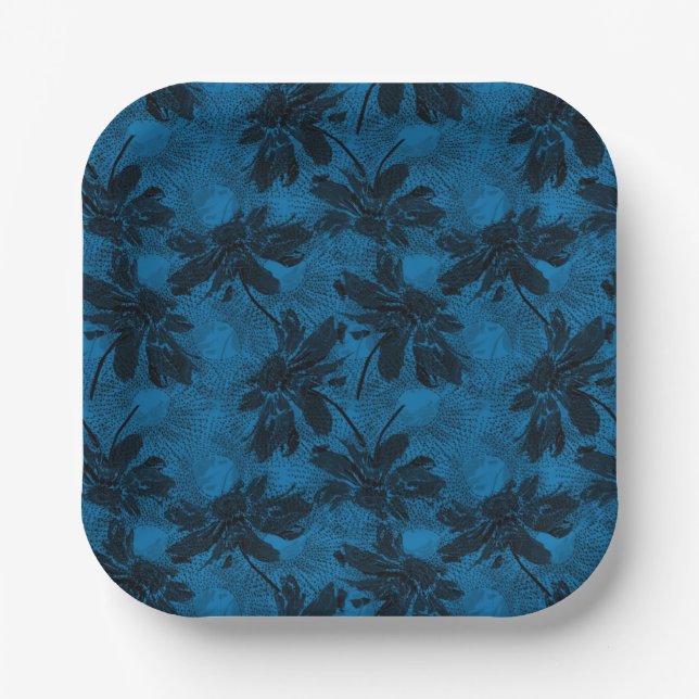 Grey and blue floral pattern. paper plates (Front)