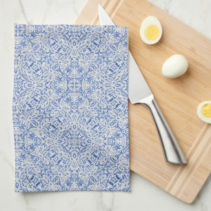 Grey and blue openwork lace pattern vintage kitchen towel