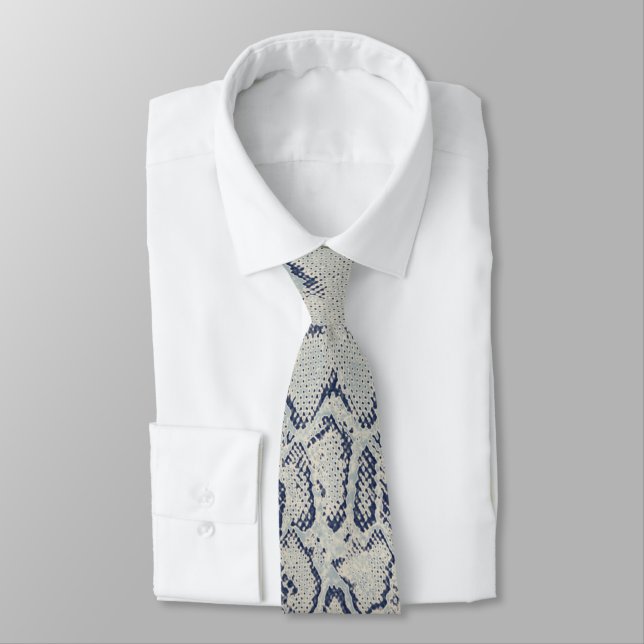Grey and Blue Snake Skin Animal Print Neck Tie (Tied)