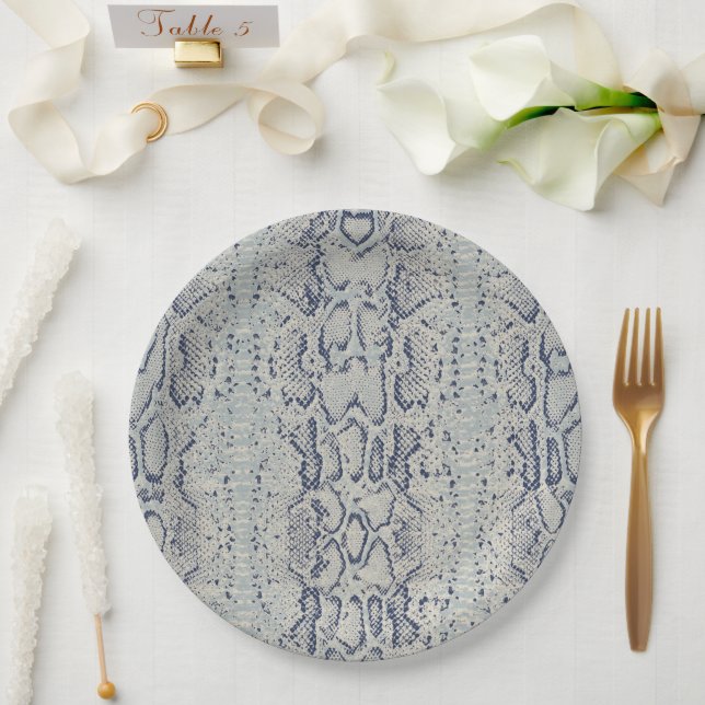 Grey and Blue Snake Skin Animal Print Paper Plates (Wedding)