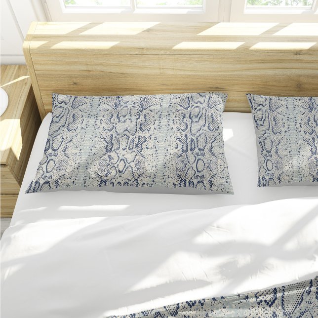 Grey and Blue Snake Skin Animal Print Pillow Case (Grey and Blue Snake Skin Print Pillow Case by Looly Elzayat)