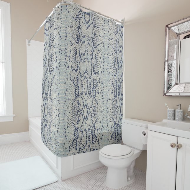 Grey and Blue Snake Skin Animal Print Shower Curtain (In Situ)