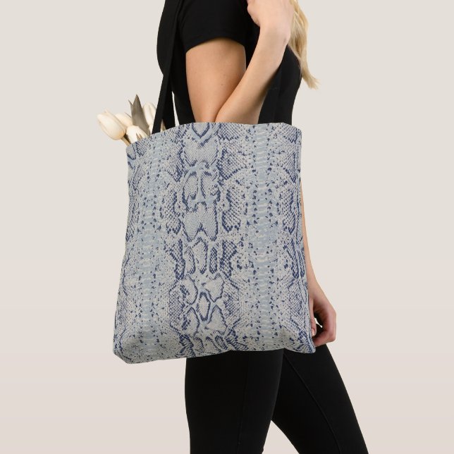 Grey and Blue Snake Skin Animal Print Tote Bag (Close Up)