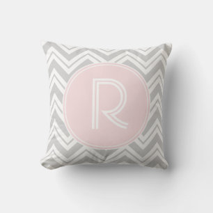 Grey and Blush Chevron Pattern Monogram Pillow