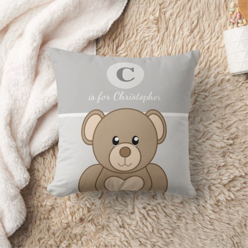 Grey and brown with a cute teddy bear baby name throw pillow