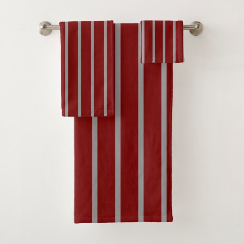 Grey and Burgundy Striped Pattern Bath Towel Set