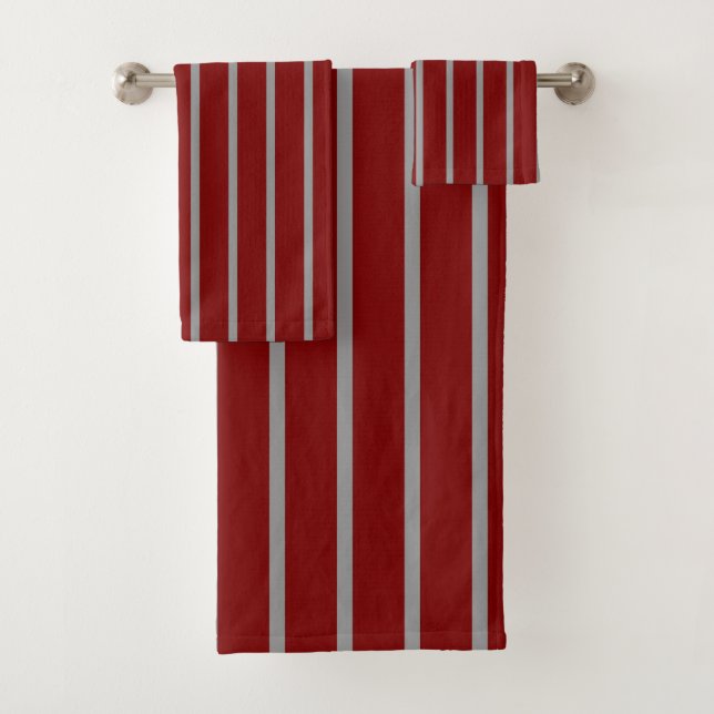 Grey and Burgundy Striped Pattern Bath Towel Set (Insitu)