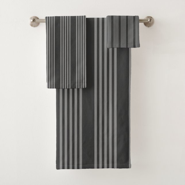 Grey and charcoal five stripes pattern bath towel set (Insitu)