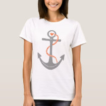 Grey and coral anchor &amp; heart nautical T-Shirt