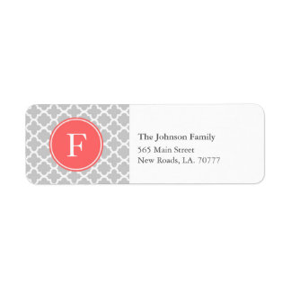 Grey and Coral Quatrefoil Monogram Address Labels