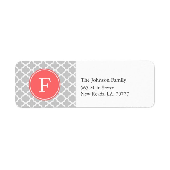 Grey and Coral Quatrefoil Monogram Address Labels (Front)