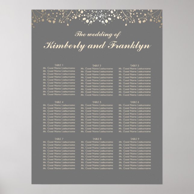 Grey and Gold Baby's Breath Wedding Seating Chart (Front)