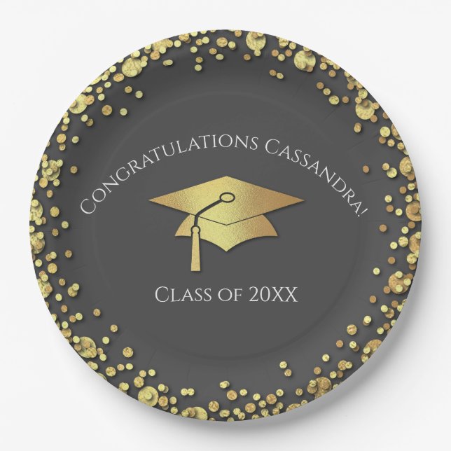 Grey and Gold Graduation Paper Plates (Front)