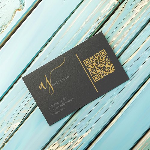 Grey and gold monogram QR code business card