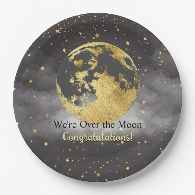 Grey and Gold Over the Moon Congratulations Paper Plates (Front)