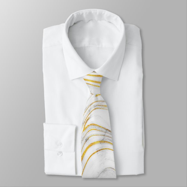 Grey and Gold Texture on Chic White Marble Neck Tie (Tied)