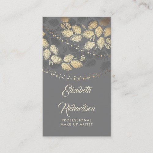 Grey and Gold Tree Leaves and String of Lights Business Card - Tree leaves and night lights festive, gold and  grey business cards