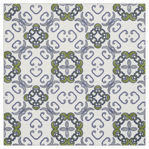 Grey and Green Floral Damask Pattern Fabric