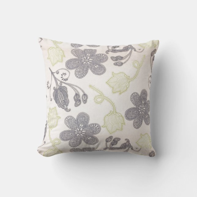 Grey and Green Floral Throw Pillow (Front)