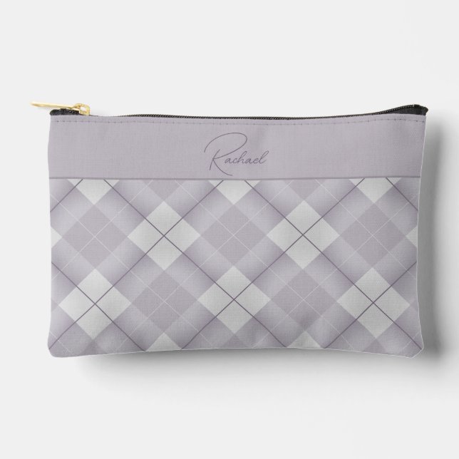 Grey and Lavender Plaid with Name Accessory Pouch (Front)