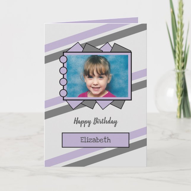 Grey and lilac photo and name kids birthday card (Front)