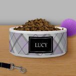 Grey And Lilac Plaid Pattern With Pet's Name Bowl<br><div class="desc">This pet bowl has a stylish tartan / plaid style pattern in grey and purple color scheme. There is also a black banner with a customizable text area for pet's name.</div>