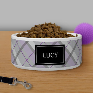 Grey And Lilac Plaid Pattern With Pet's Name Bowl